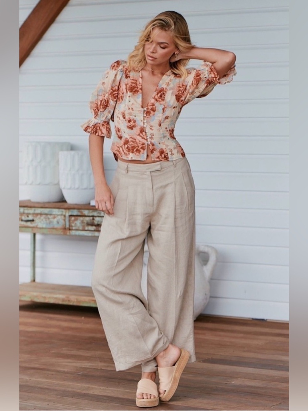 Free People Floral Button-Down Puff Sleeve Blouse - Cream, Rust & Light Blue